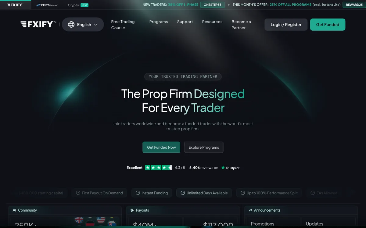 FXIFY homepage banner showing two of its own codes: ONESTEP35 for 35% off 1-Phase for new traders, and REWARD25 for 25% off all programs excluding Instant Lite.