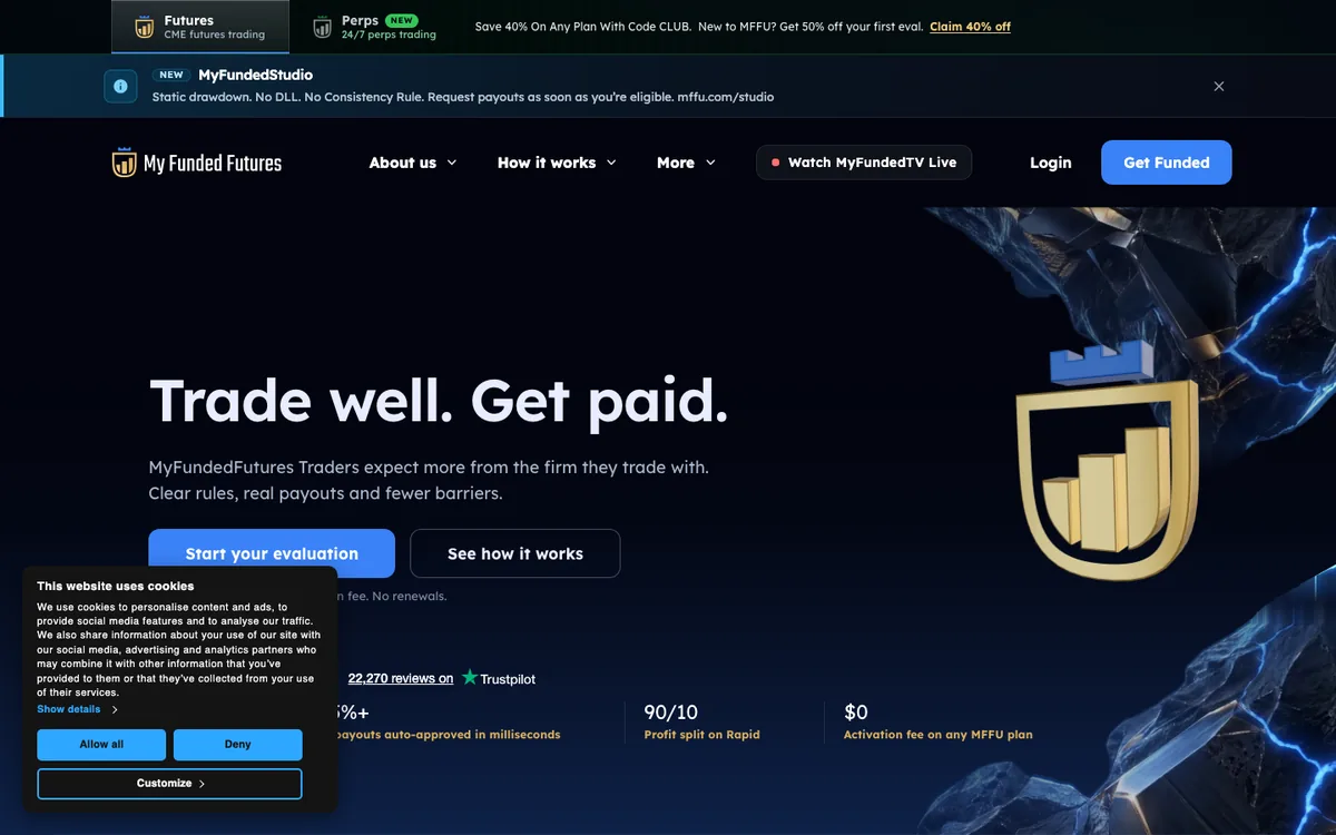My Funded Futures homepage banner reading Save 40% On Any Plan With Code CLUB, and New to MFFU? Get 50% off your first eval, captured 8 October 2026.